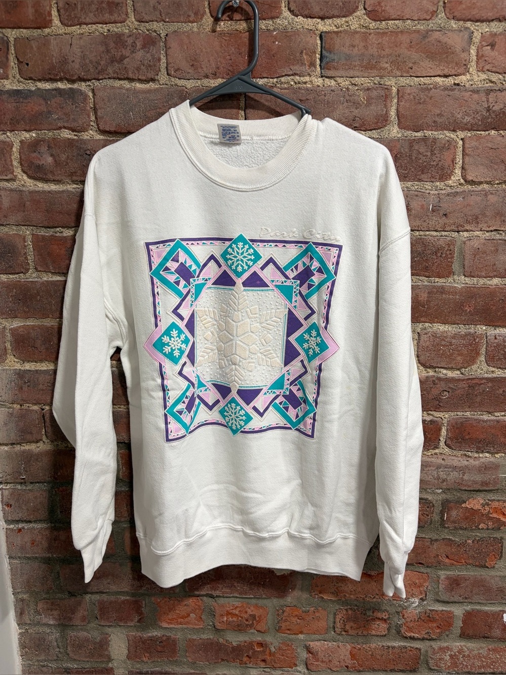 Vintage Graphic Crewneck  Sweatshirt w/Teal & Purple Geometric Snowflake Design